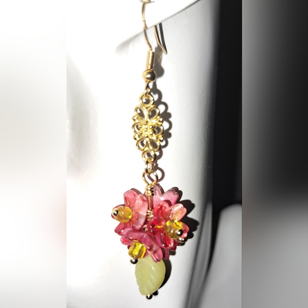 Romantic Gold Tinged Cherry Blossom Glass Bead Earrings with Jade Leaf in 18K